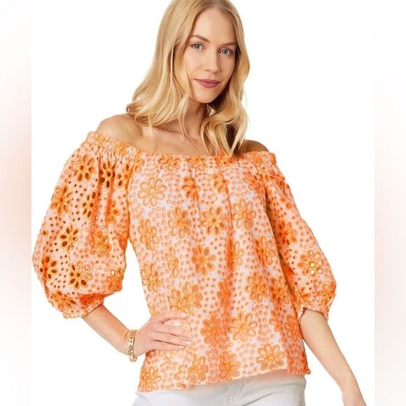 Lilly Pulitzer Tops - Lilly Pulitzer Orange Floral Eyelet Lace Top